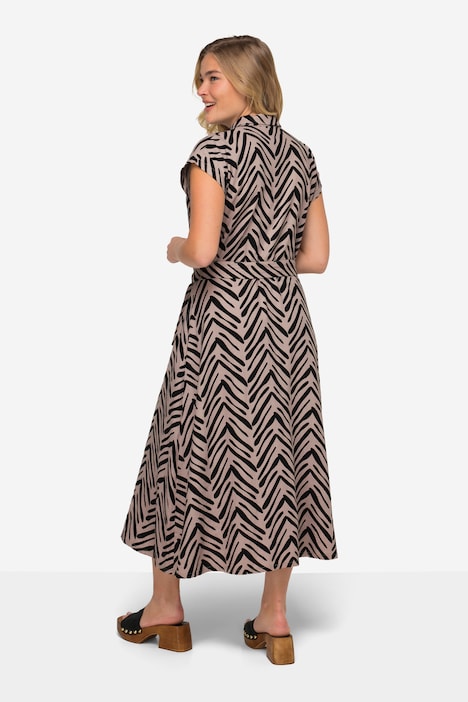 Leinenmix-Kleid, Zebra-Stil Print, Hemdkragen, Taillengürtel, Halbarm