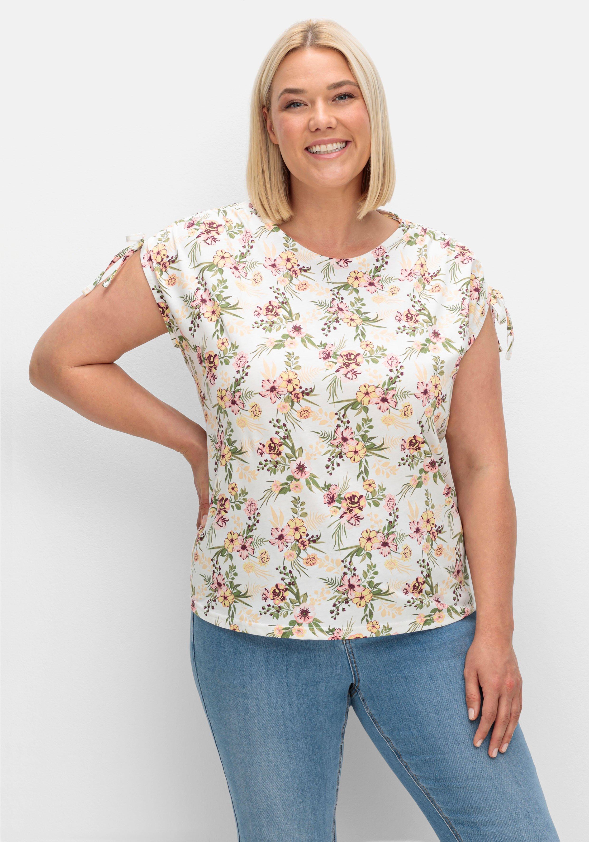 Shirt mit Blumen-Alloverprint und gerafften Schultern