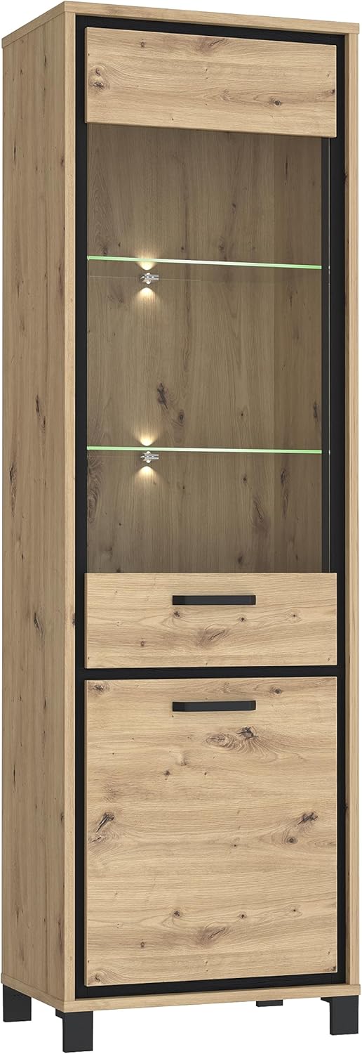 FORTE Trondheim Vitrine mit 2 Türen, Holzwerkstoff, Artisan Eiche kombiniert mit Schwarz Eiche, 64,4 x 209 x 41,5 cm
