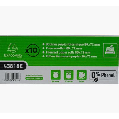 Exacompta - 10 Bobines thermique - rouleau caisse - 80 x 72 x 12 mm - 1 pli - sans phénol - 76 m