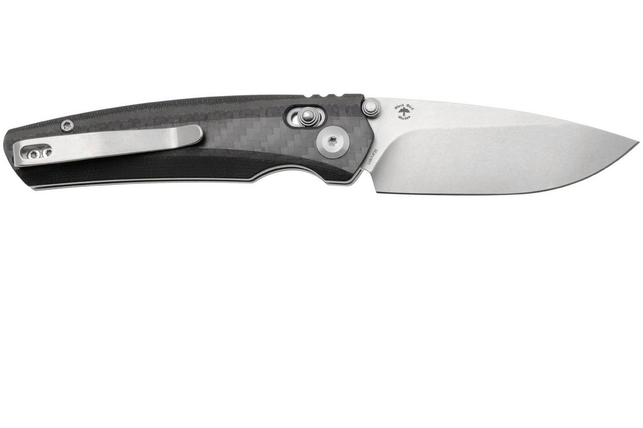Tenable Knives Raven T2109V1 Stonewashed 14C28N, Twill Carbon Fiber, zakmes, Black Bird Blades design