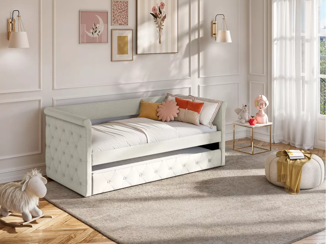 Lit banquette gigogne capitonné - 2 x 90 x 190 cm - Tissu - Beige + Matelas - LOUISE