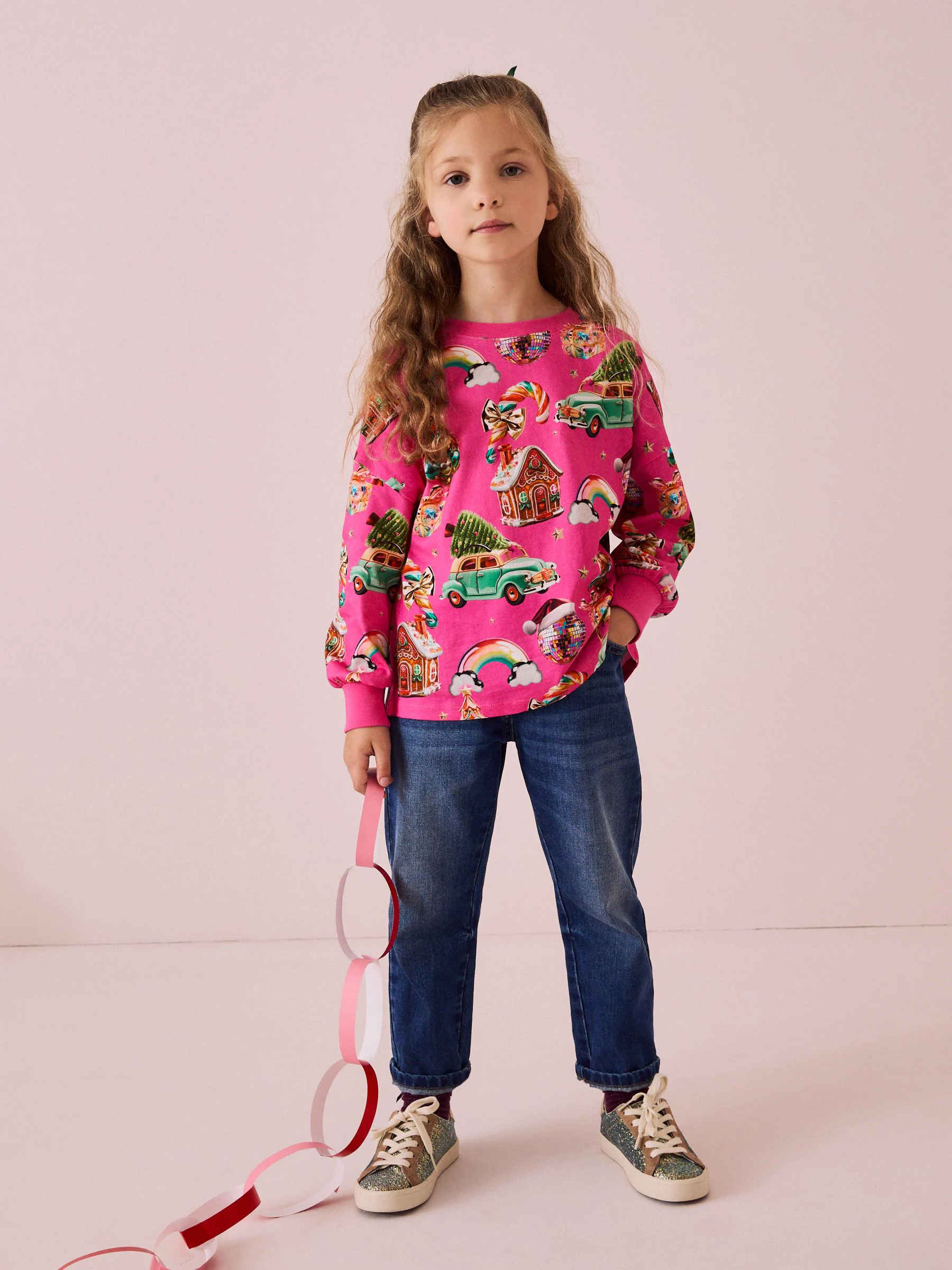 Roze - Kersttop met lange mouwen van 100% katoen (3-16jaar)