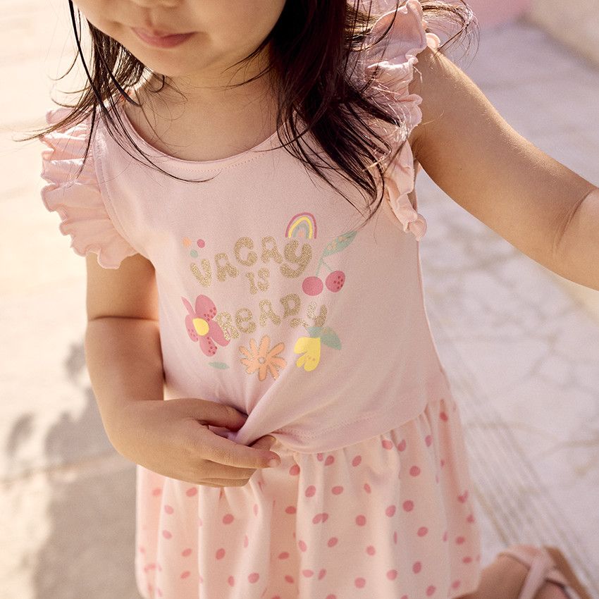 Robe manches courtes volantées effet 2 en 1 pour bébé fille - Rose