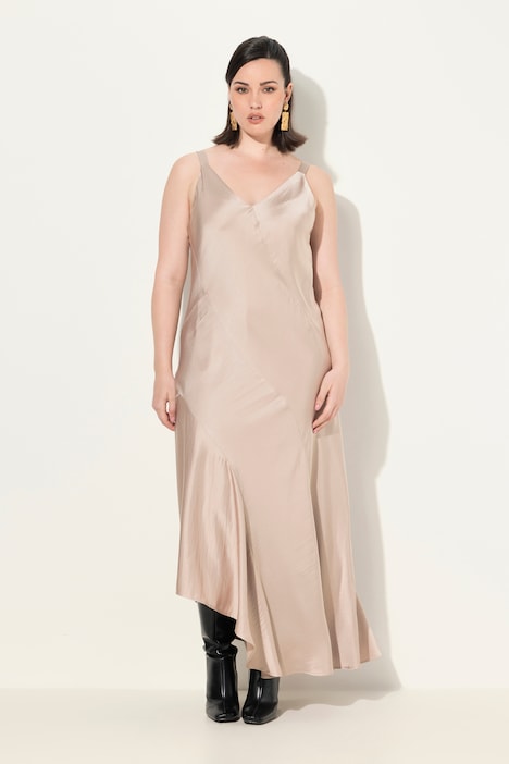 Satin-Maxikleid, A-Linie, V-Ausschnitt, ärmellos