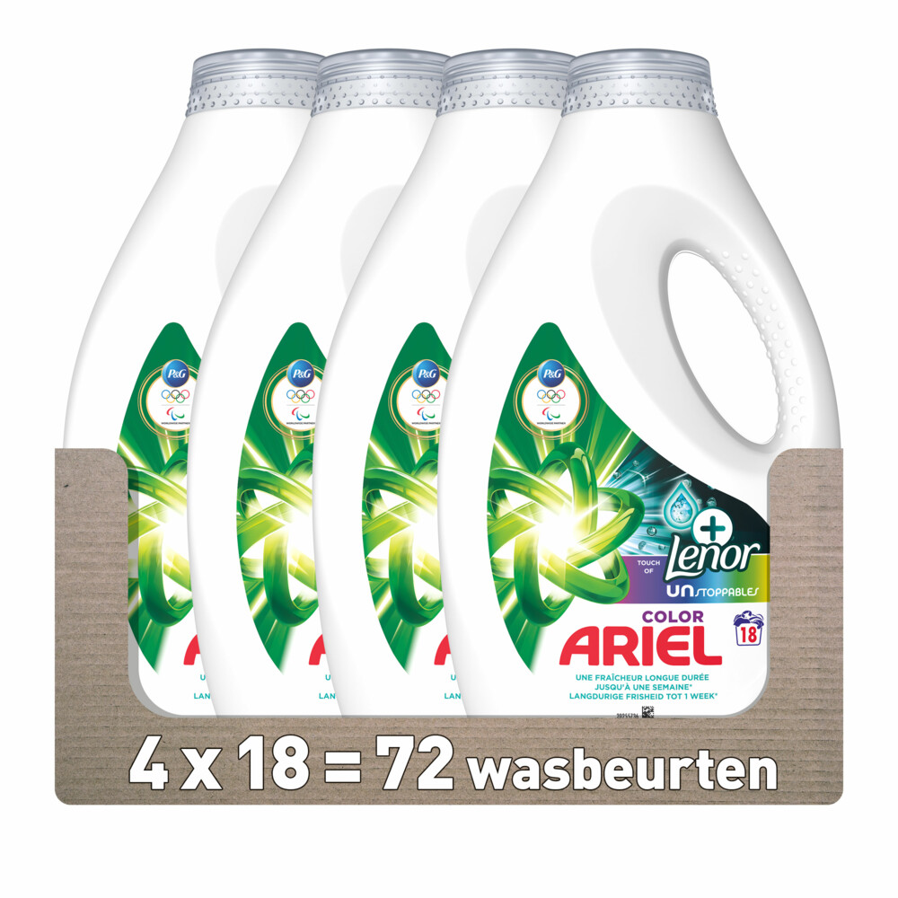 4x Ariel Vloeibaar Wasmiddel +Touch Van Lenor Unstoppables 18 Wasbeurten810 ml