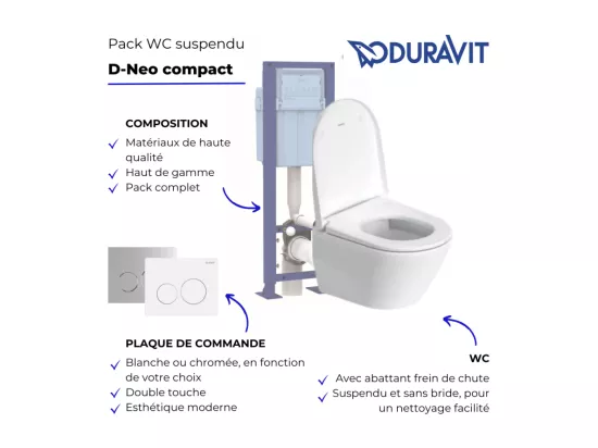 Pack WC suspendu compact sans bride DURAVIT D-Neo avec abattant frein de chute + bati support SIAMP + Plaque de commande blanche