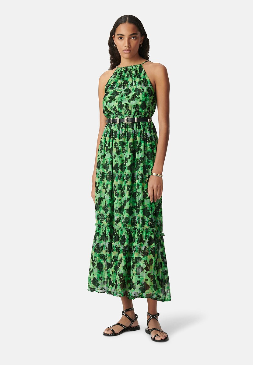IKKS<br>Vestido longo evasê sem mangas estampado