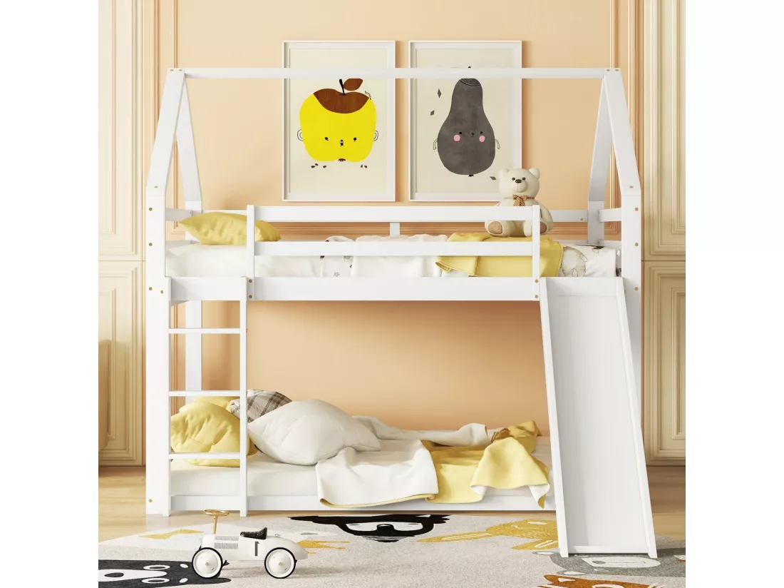 Lits superposés cabane 2 x 140 x 200 cm - escaliers et toboggan - Pin et MDF - Blanc
