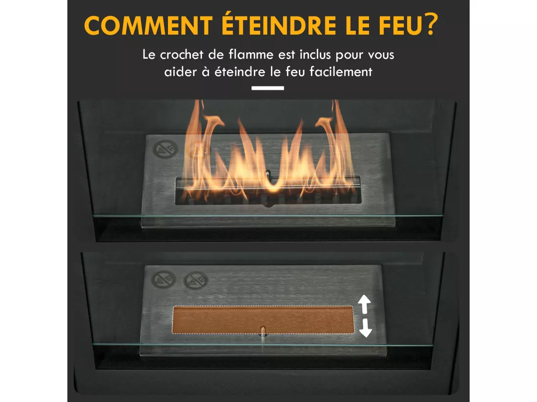 Cheminée bioéthanol design contemporain - brûleur 0,9 L - contrôle de flamme inclus - acier noir verre trempé