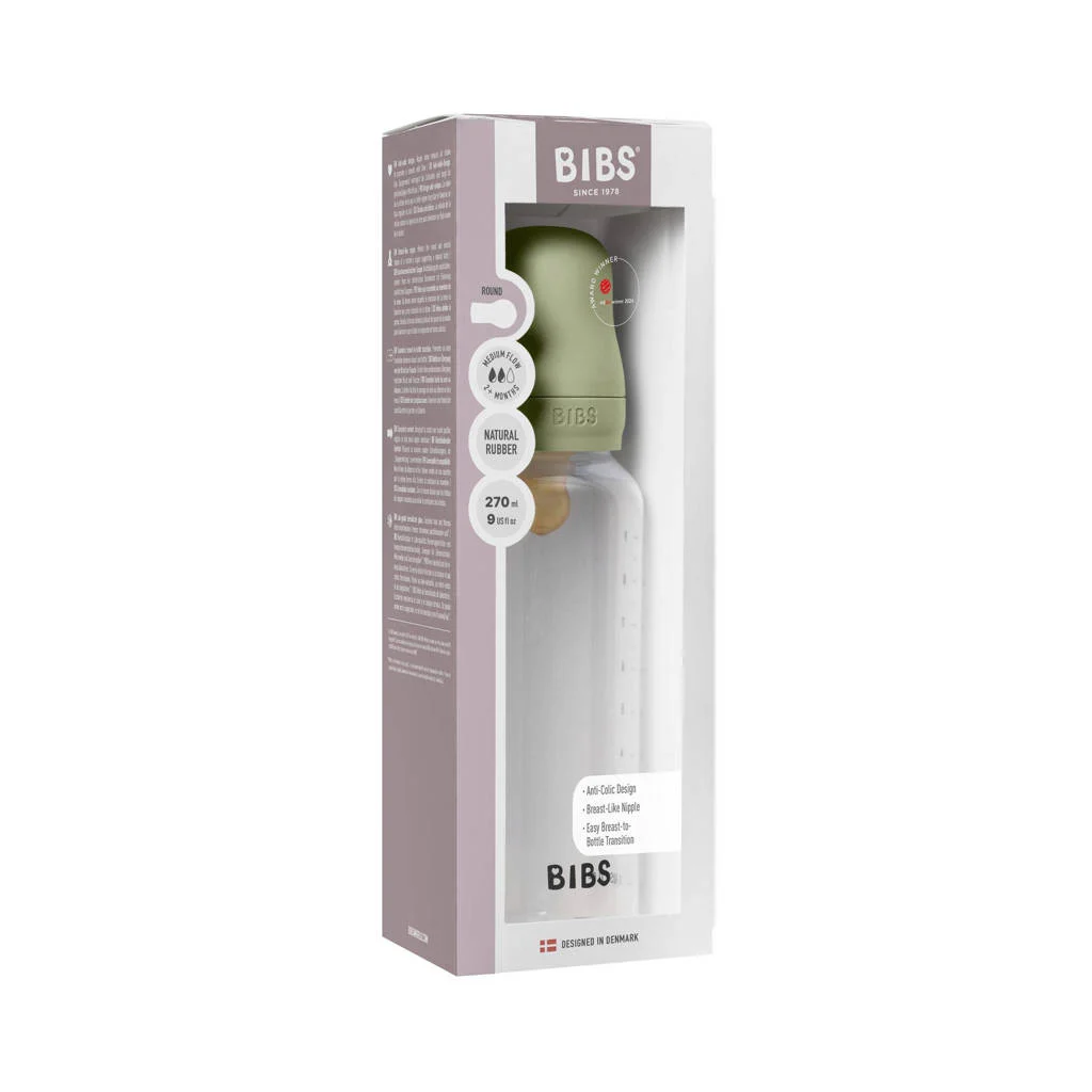 BIBS Babyfles 270 ml - Sage - met latex speen en opvouwbare trechtertje