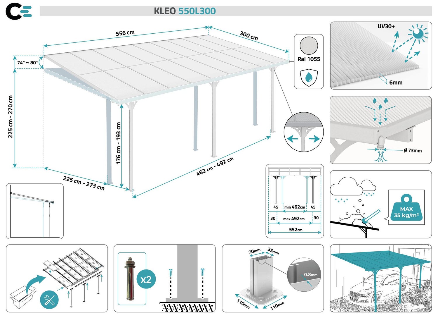 Terrasoverkapping/carport KLEO 550L300 aluminium wit