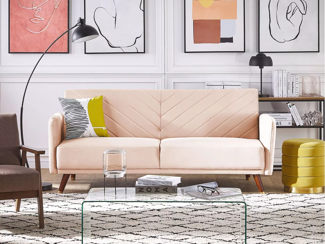 Canapé convertible 3 places en velours beige SENJA