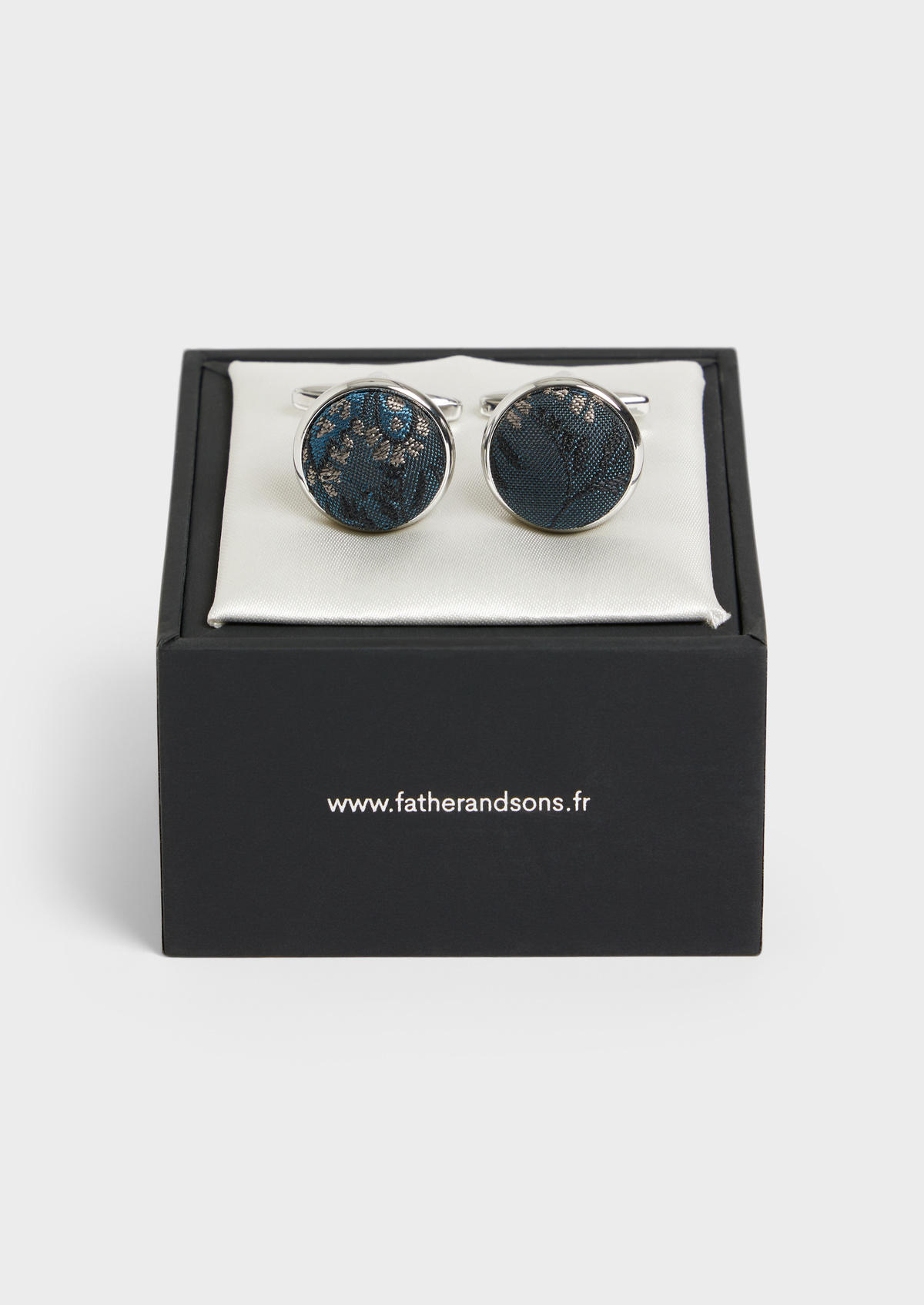 Boutons de manchettes ronds en soie mélangée bleu prusse à motif fleuri gris et bleu