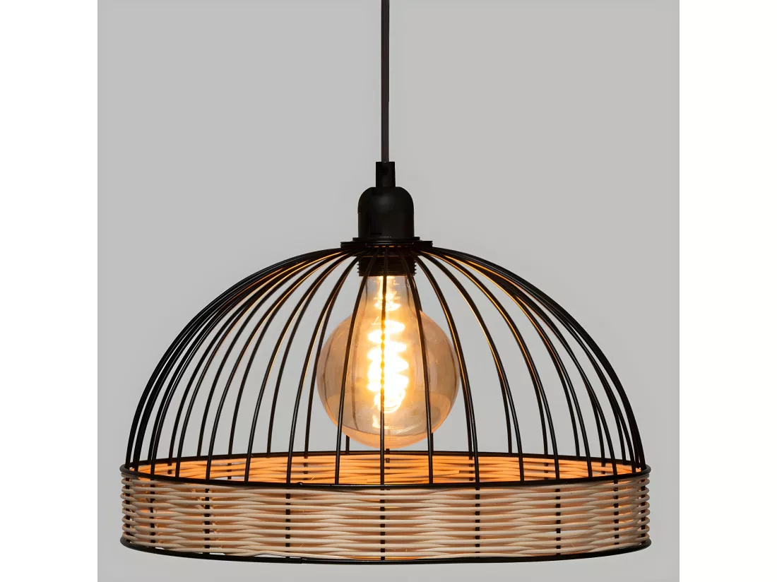 Luminaire Suspension en Métal Filaire Noir et Rotin D 35 cm