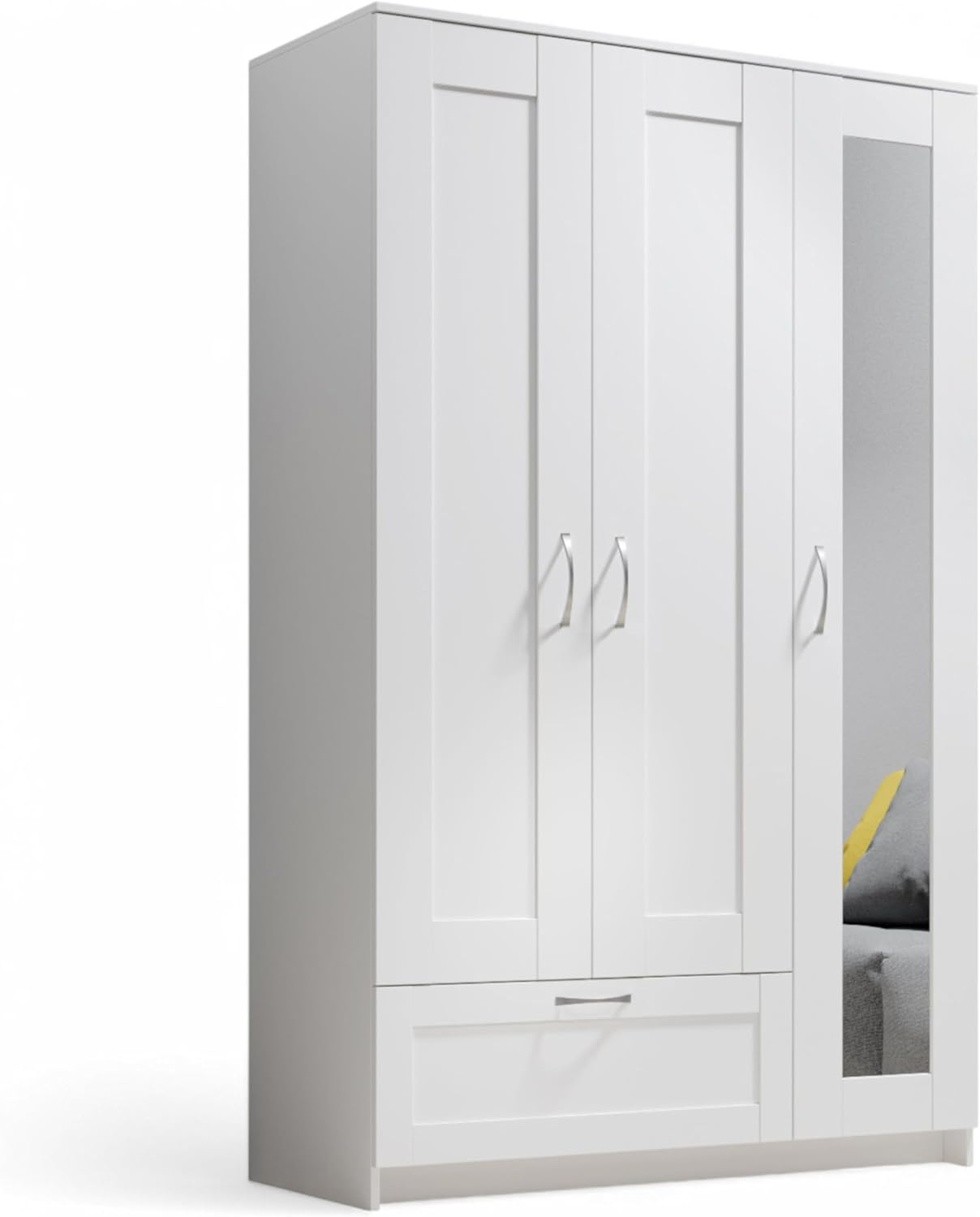 Stella Trading LEPINI Kleiderschrank mit Spiegeltür in Weiß - Vielseitiger Drehtürenschrank 3-türig für Ihr Schlafzimmer - 117 x 191 x 50 cm (B/H/T)