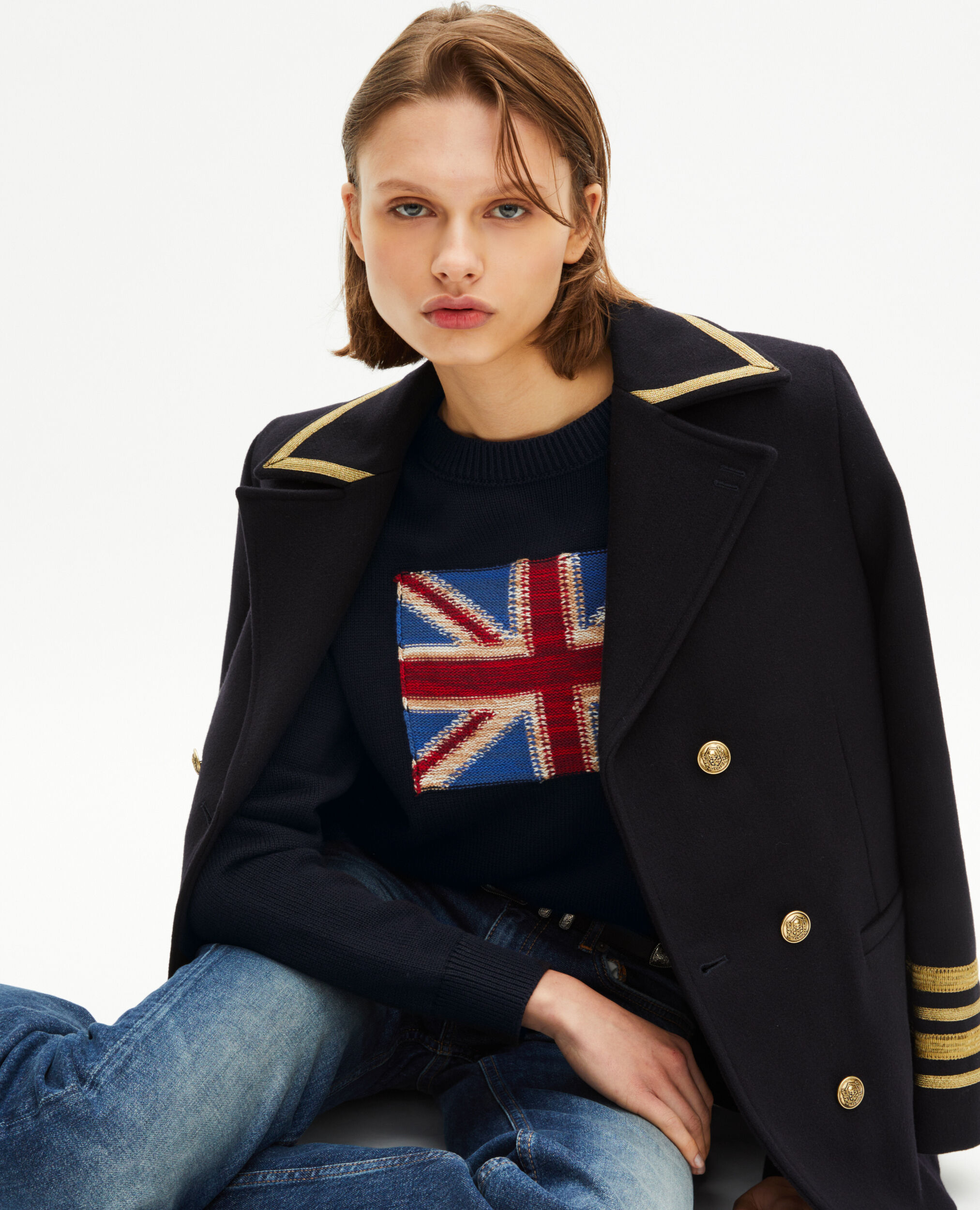 Pull drapeau anglais en coton marine