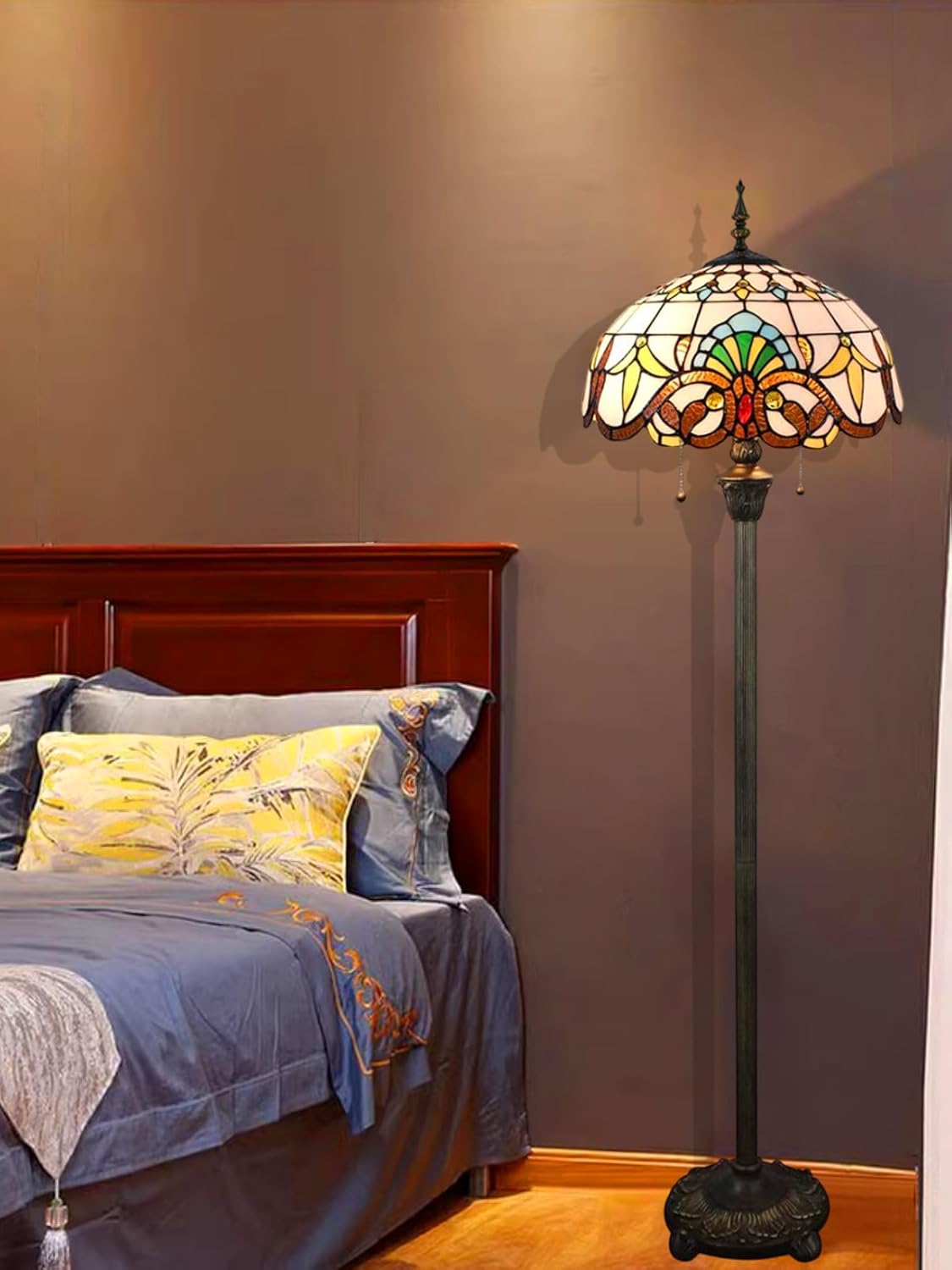 Stehlampe Tiffany Stil Vintage Lampe Groß,Boho Orientalische Art Deko Steh Leselampe,16 Zoll Buntglas Lampenschirm,Barock Antike Bogenlampe für Wohnzimmer Schlafzimmer,Mit 2 x E27 Birne (F-1)