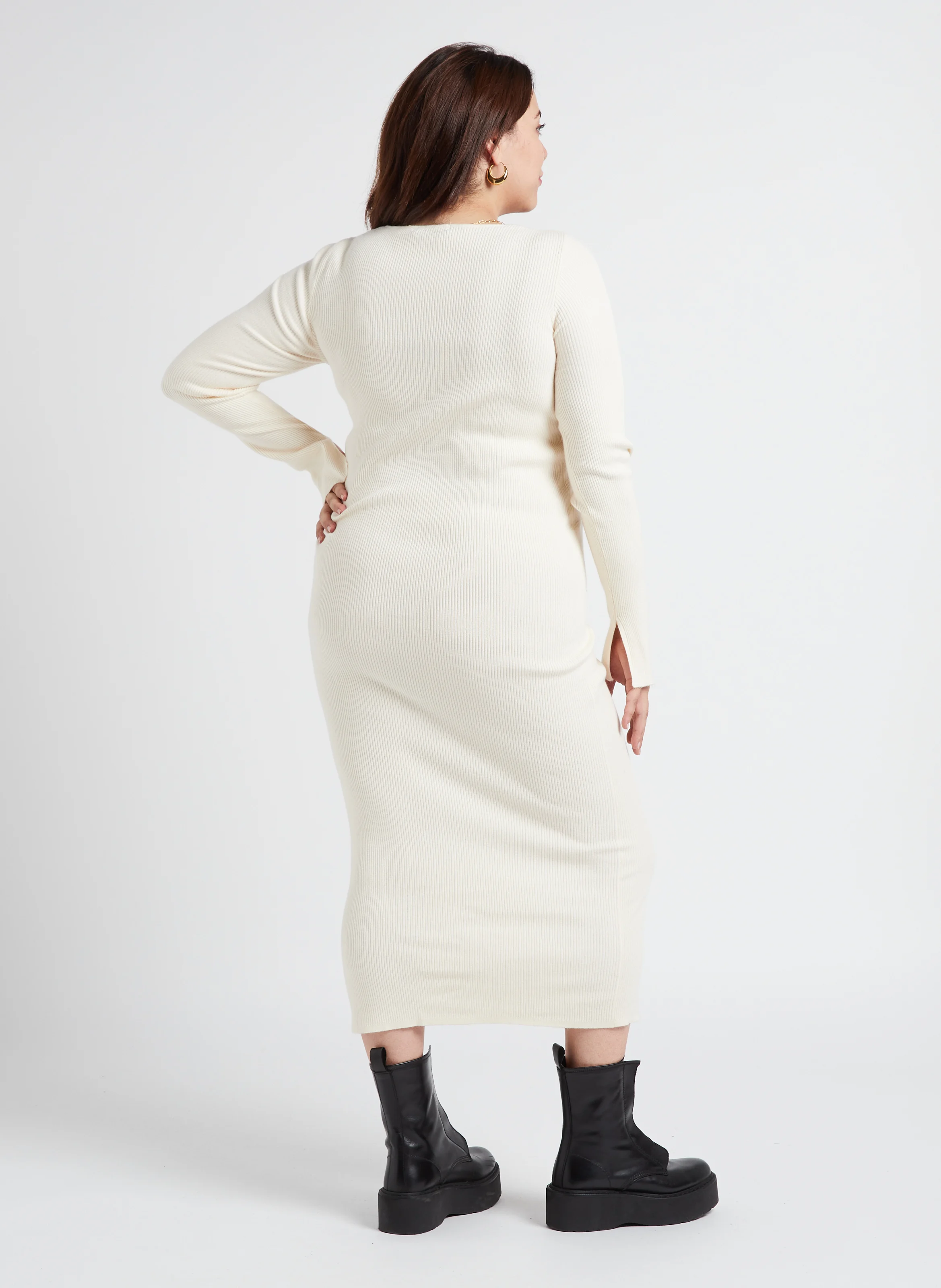 Robe longue col rond en maille côtelée| Blanc