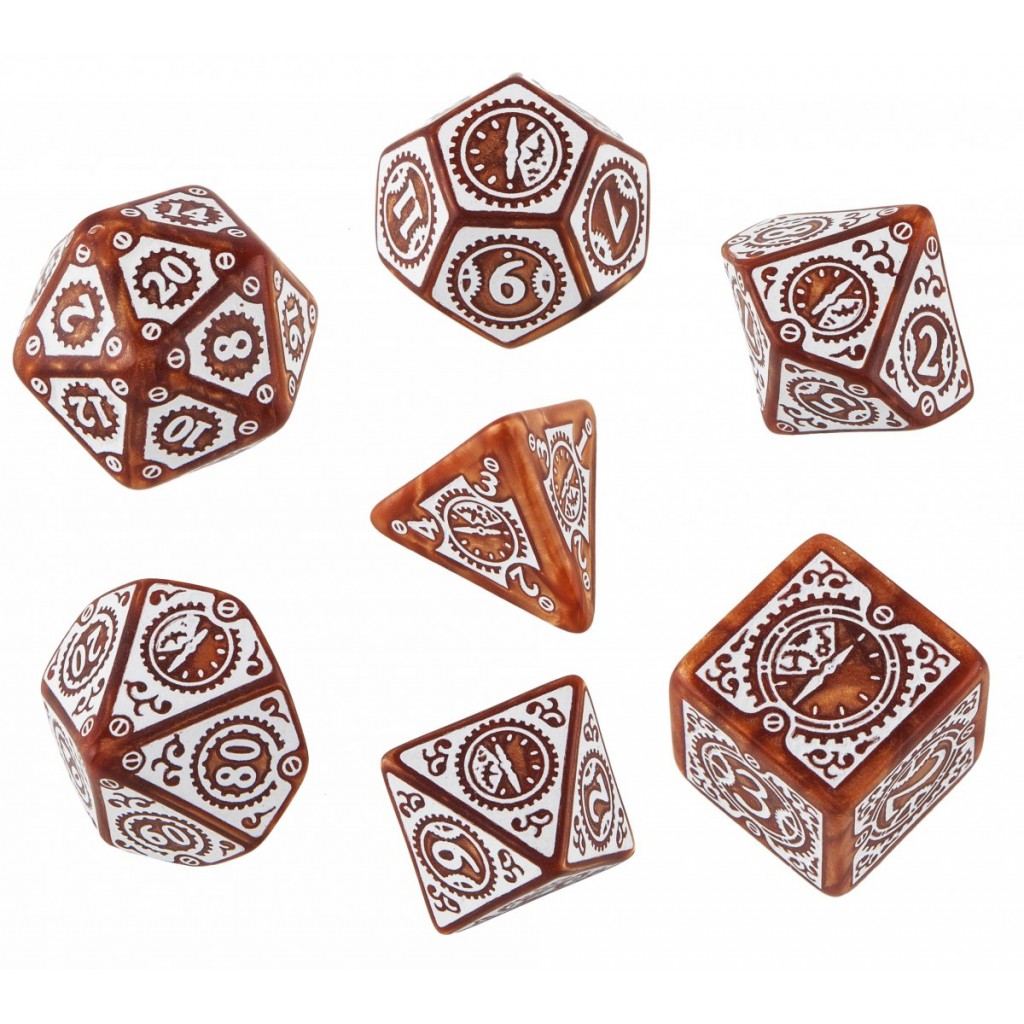 Set de 7 Dés JDR - Steampunk Clockwork - Caramel/Blanc