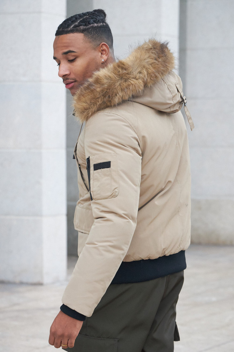 Parka bi-matière beige à capuche en fourrure