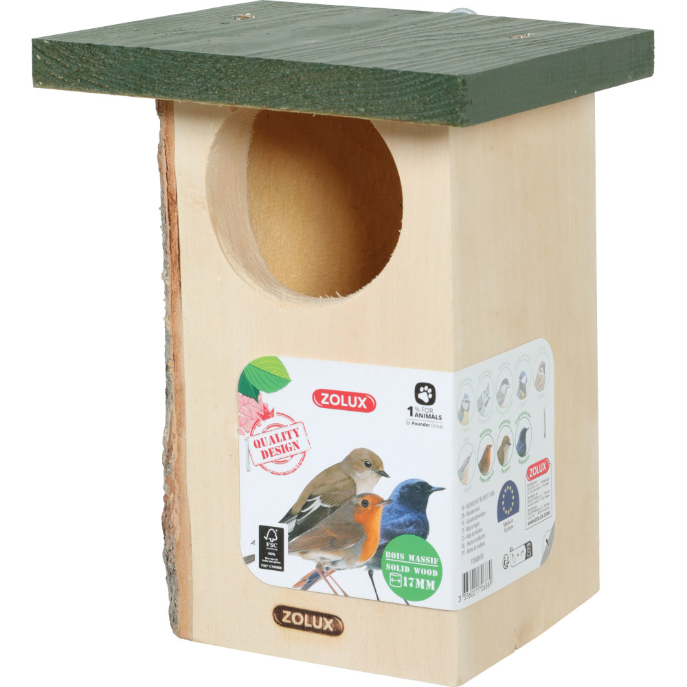 Nichoir en bois massif entrée ø 8 cm environ pour oiseaux rouge gorge