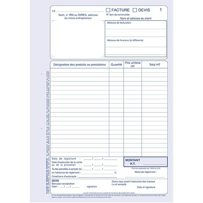 Manifold auto entrepreneur autocopiant factures format 210x297mm. 40 feuillets dupli
