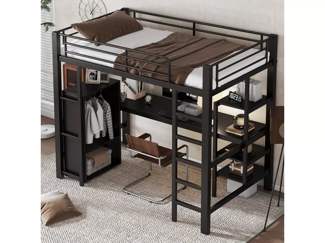 Lit mezzanine 90x200 cm - avec table et penderie - avec échelle 5 marches - fer + panneaux de particules - noir (sans matelas)