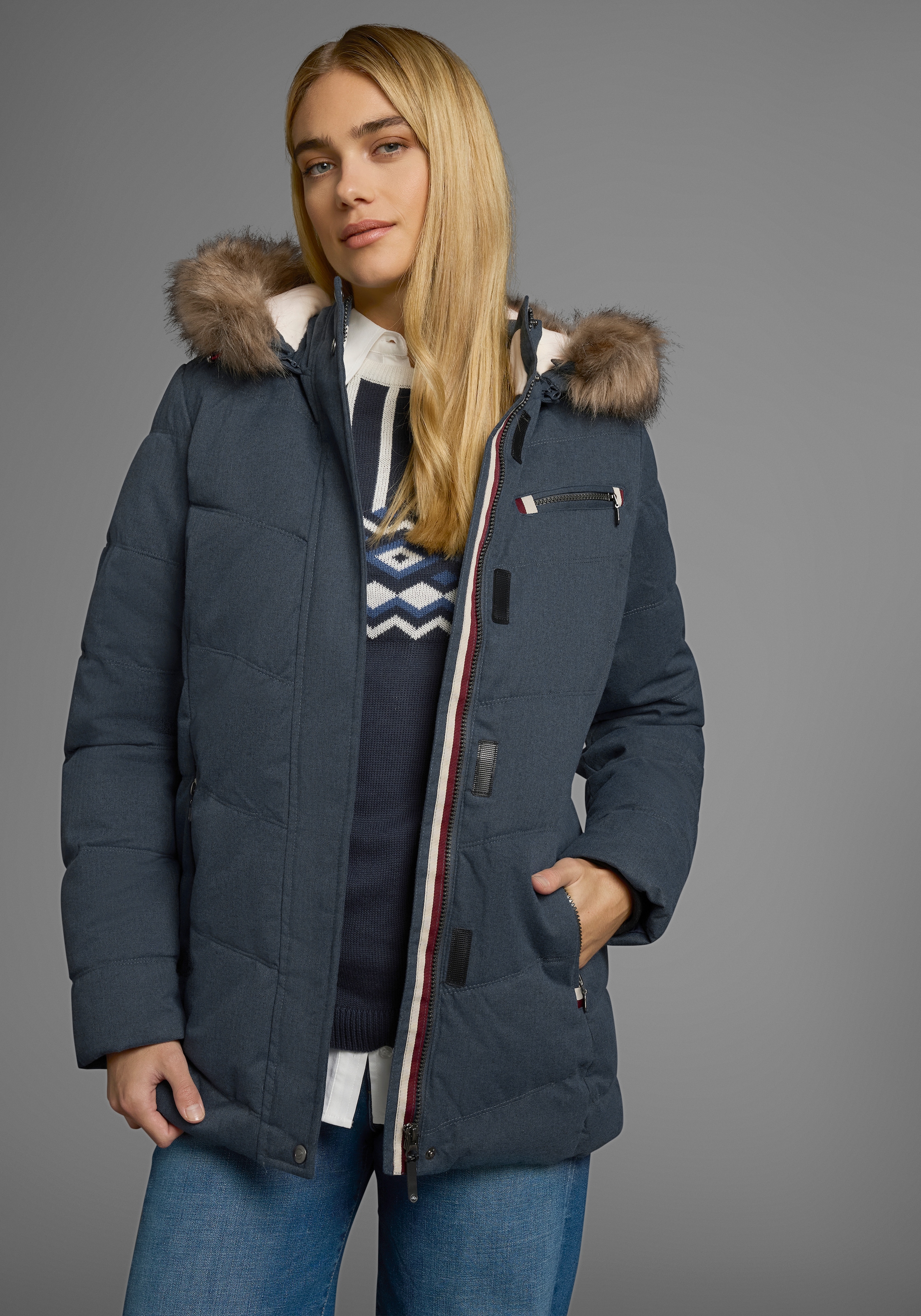 Polarino Steppjacke mitKapuze mit abnehmbarer Kapuze,  mit Fellimitat,  viele Taschen