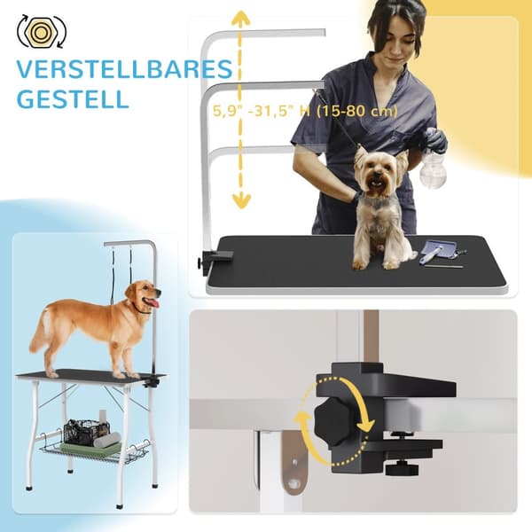 Hundefrisørbord, høydejusterbart trimmebord for hunder, sammenleggbart klippebord, pleiebord for kjæledyr med nettingkurv, slynger, for hårtørking, hå