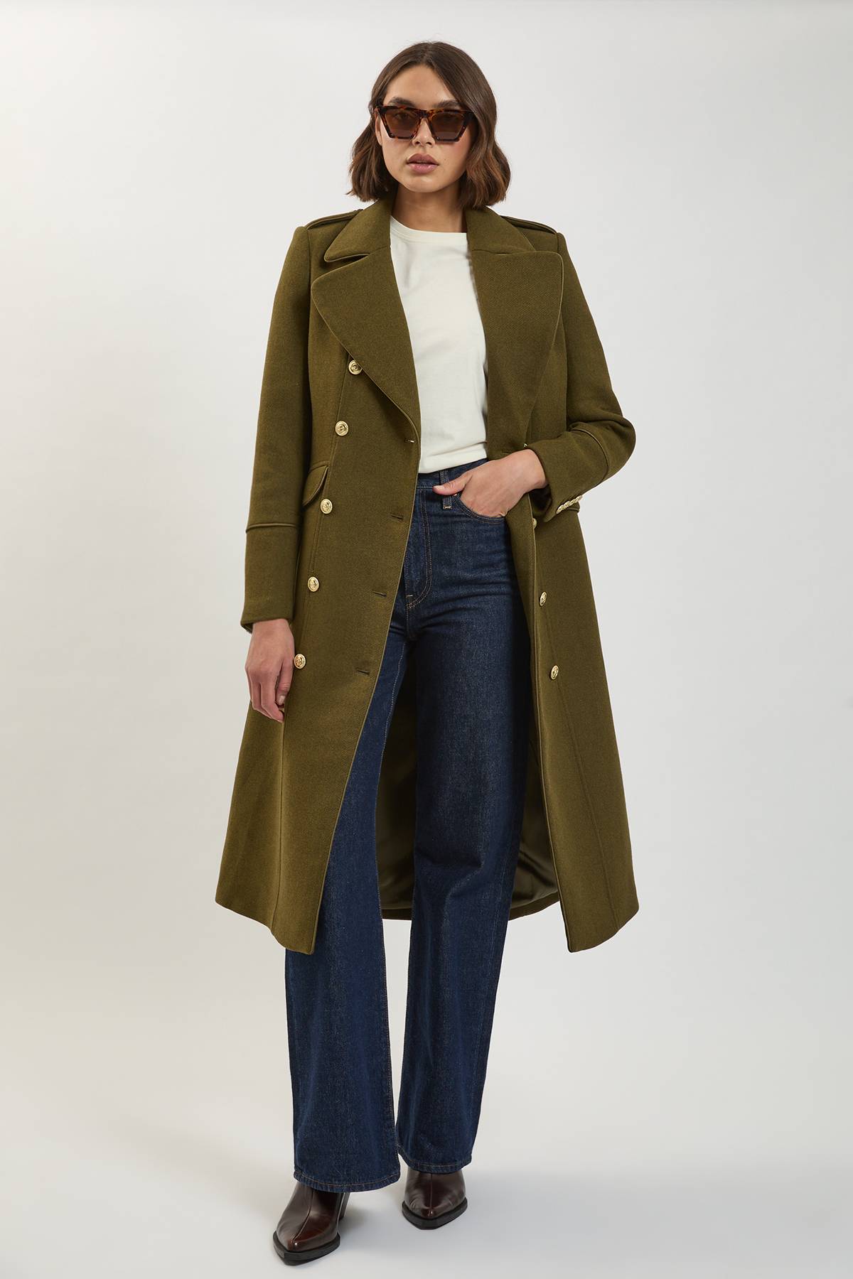 KarenMillen Manteau Mi-Long Militaire Croisé en Laine