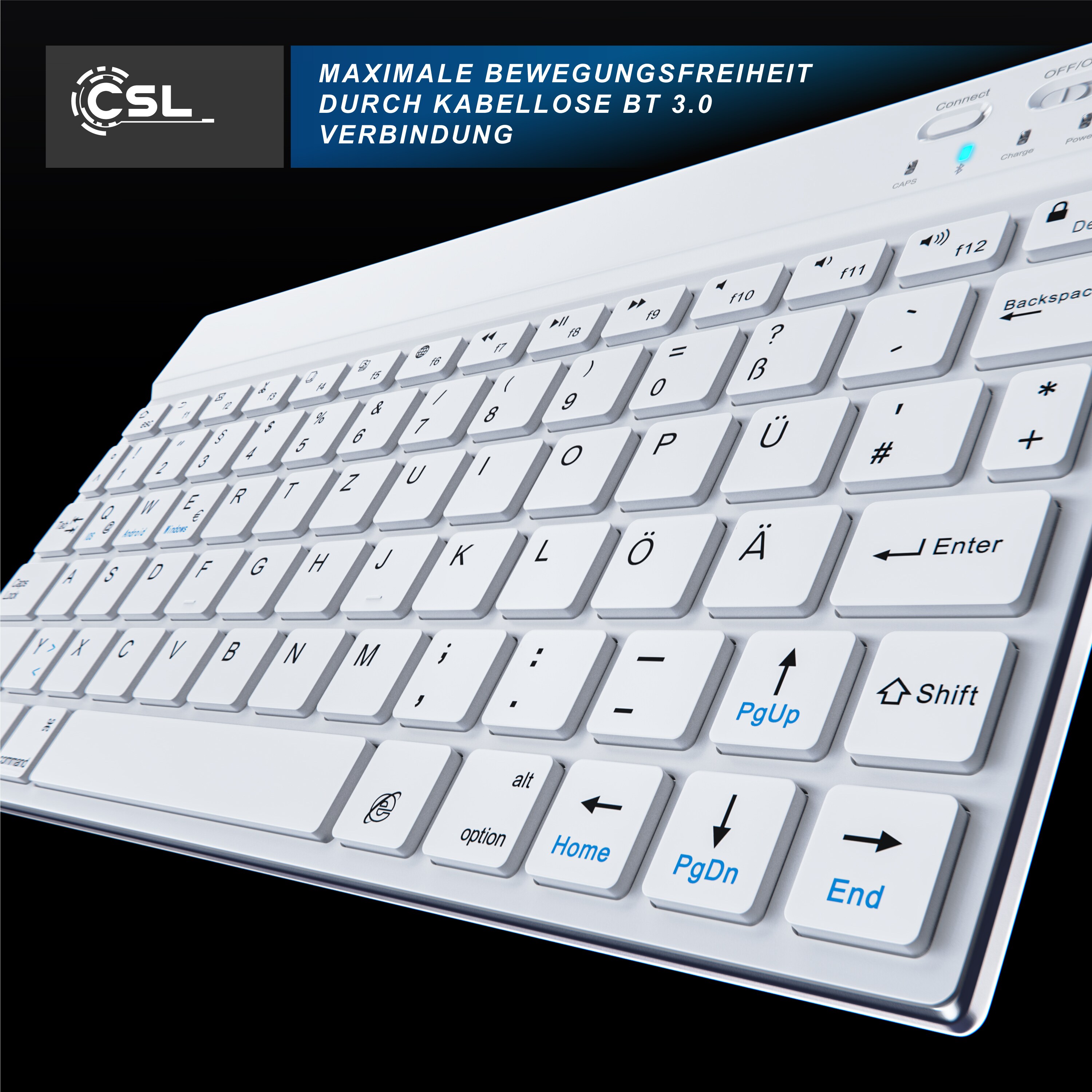 CSL Wireless-Tastatur, Ultra Slim Keyboard, Bluetooth, Aluminium Gehäuse, DE Layout, BT 3.0, weiß
