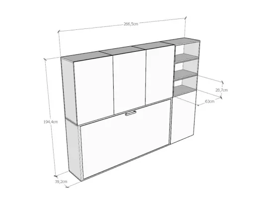 Lit escamotable horizontal blanc Bounto 85x185 avec rangement et bibliothèque composition F-1 matelas 85x185