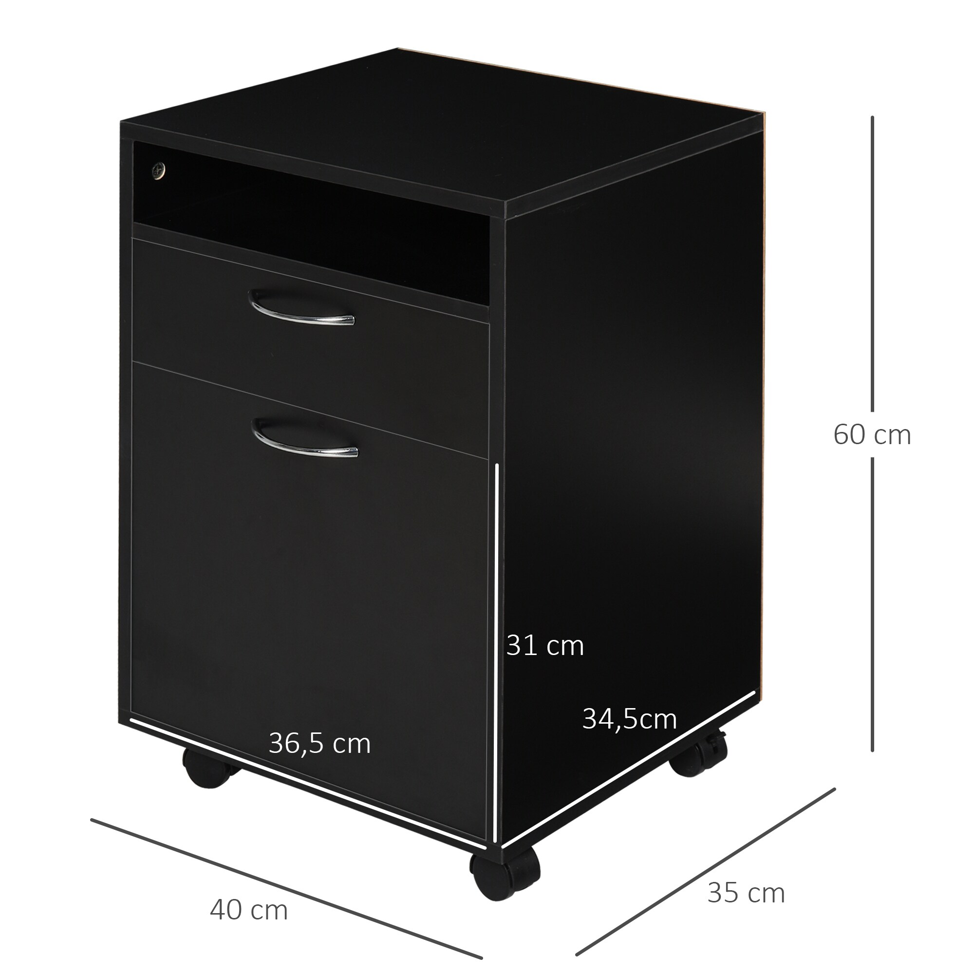 HOMCOM Aktenschrank mit Rollen schwarz 40L x 35B x 60H cm