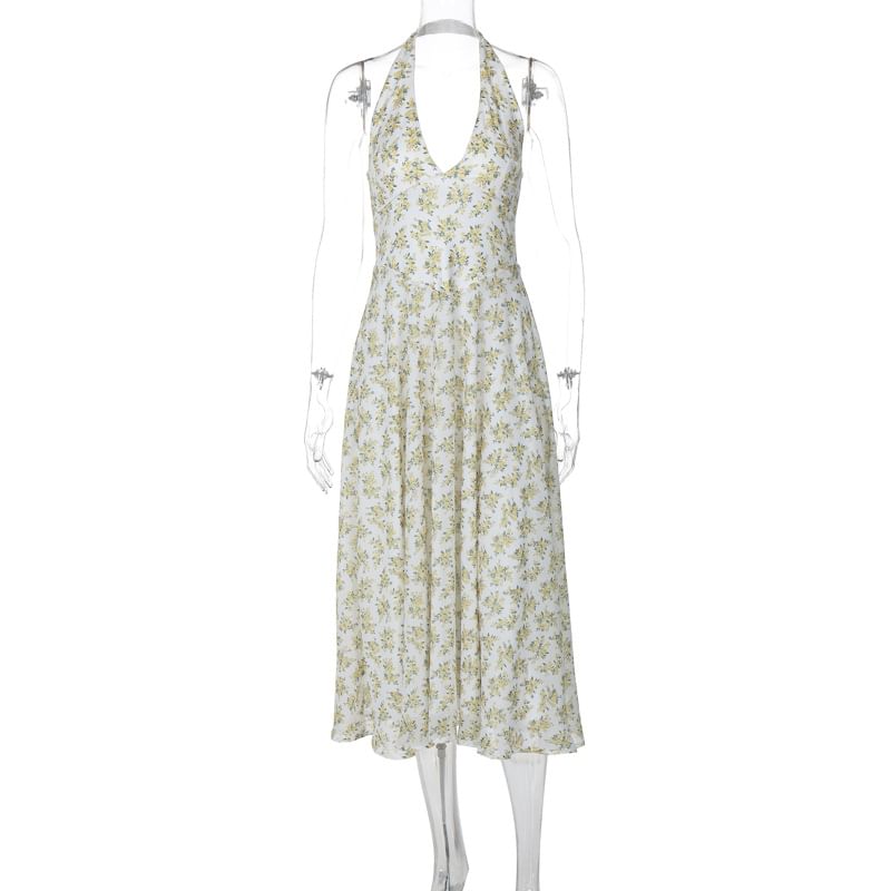 Puffields - Halter V-hals Diepuitgesneden Bloemenprint Open Rug Midi A-lijn Jurk