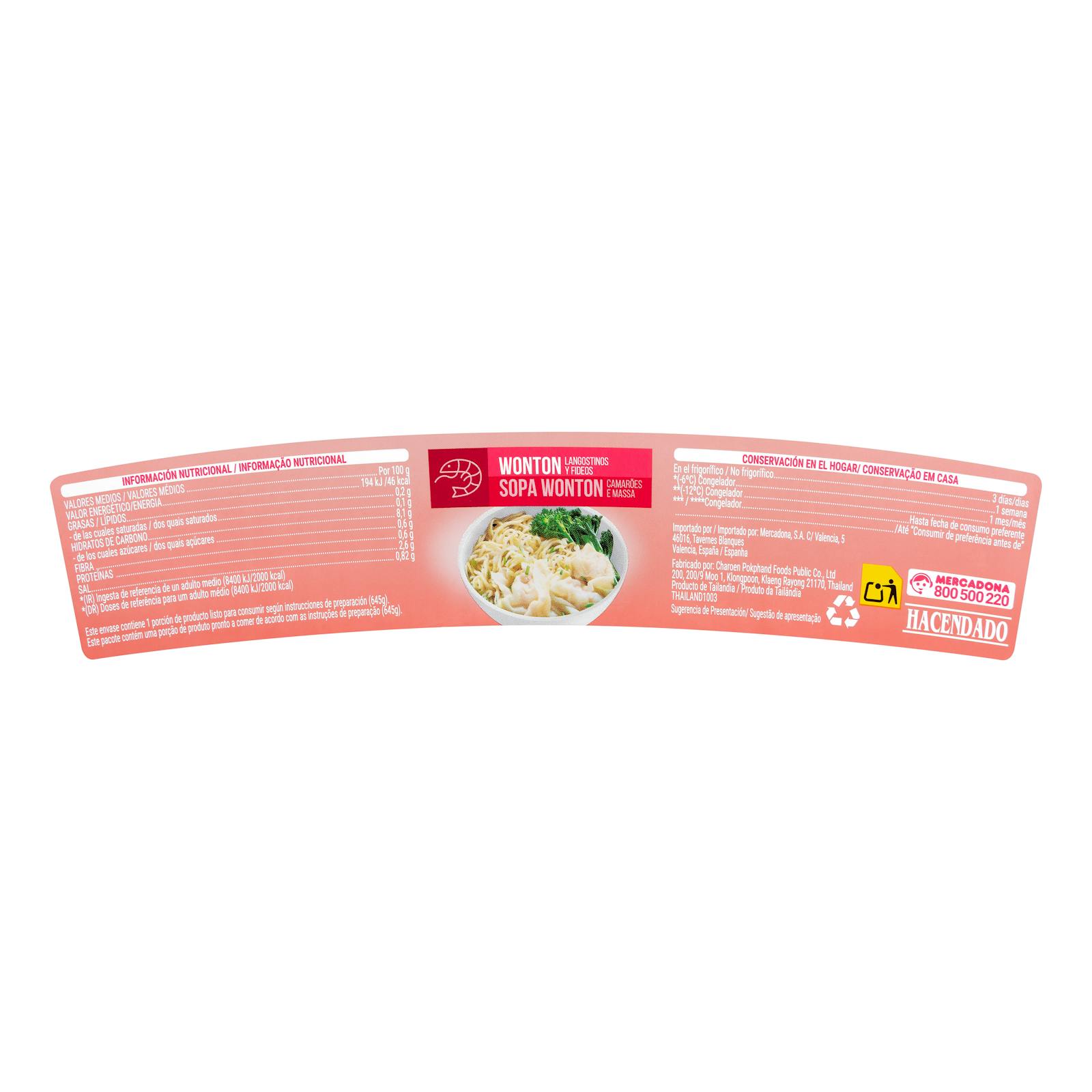 Soupe wonton et nouilles aux crevettes surgelées Hacendado