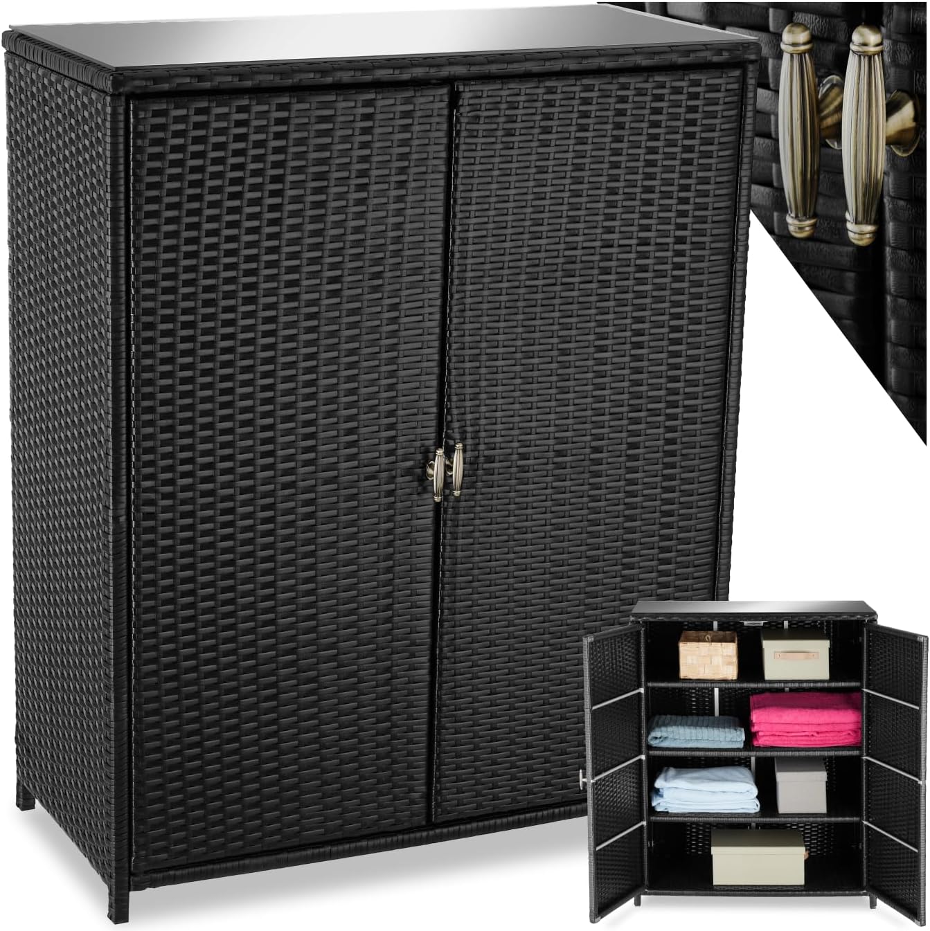 tectake® Rattan Gartenschrank, Outdoor Schrank Spind, Auflagenbox oder Kissenbox, mit Einlegeböden, Terrassenschrank Kommode für Outdoorküche, Geräteschrank Balkon, Aufbewahrungsschrank Garten