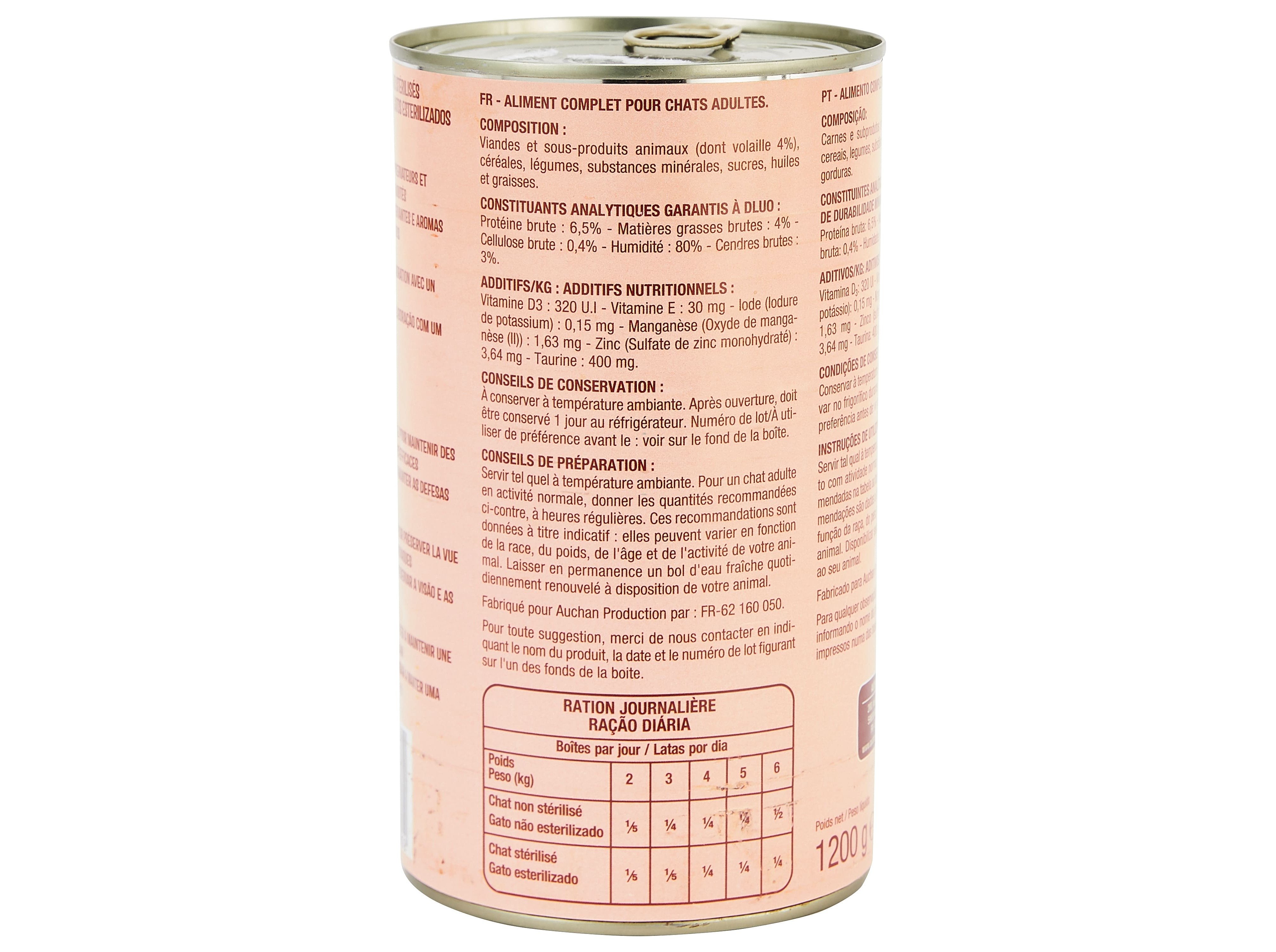 COMIDA HÚMIDA PARA GATO AUCHAN PEDAÇOS EM MOLHO COM AVES 1200G