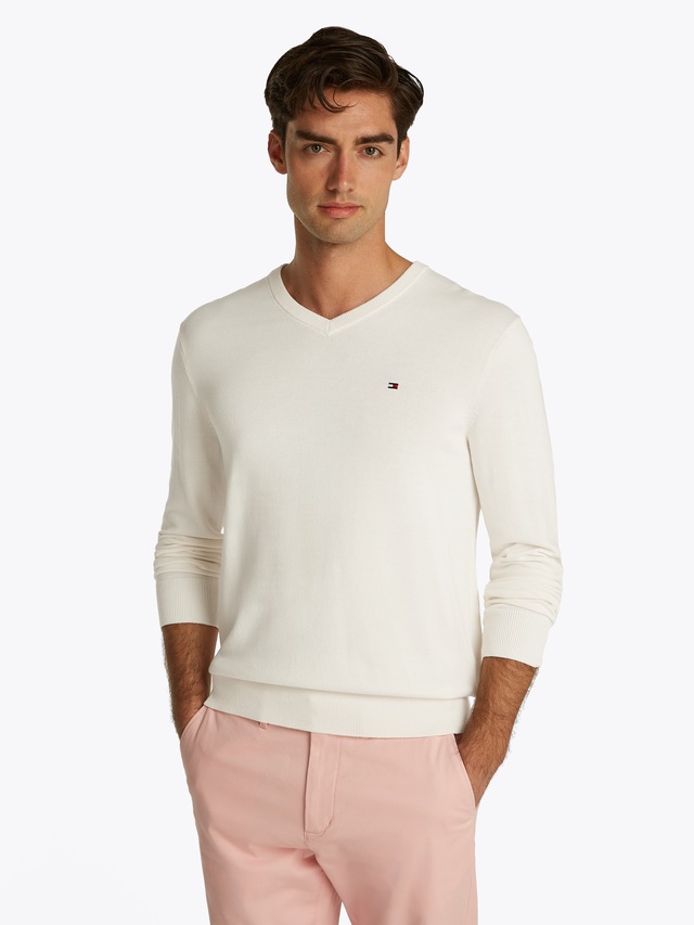 Tommy Hilfiger Strickpullover »ESSENTIAL COTTON V NECK mit V-Ausschnitt und Stickerei«, unifarben, casual, regular fit, Baumwolle, V-Ausschnitt