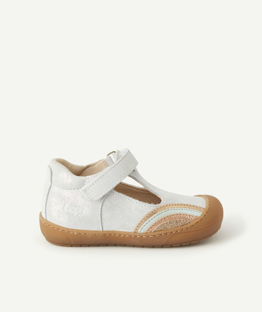 BOPYBOTTINES OUVERTES PREMIERS PAS BÉBÉ EN CUIR BLANC AVEC DÉTAIL ARC-EN-CIEL