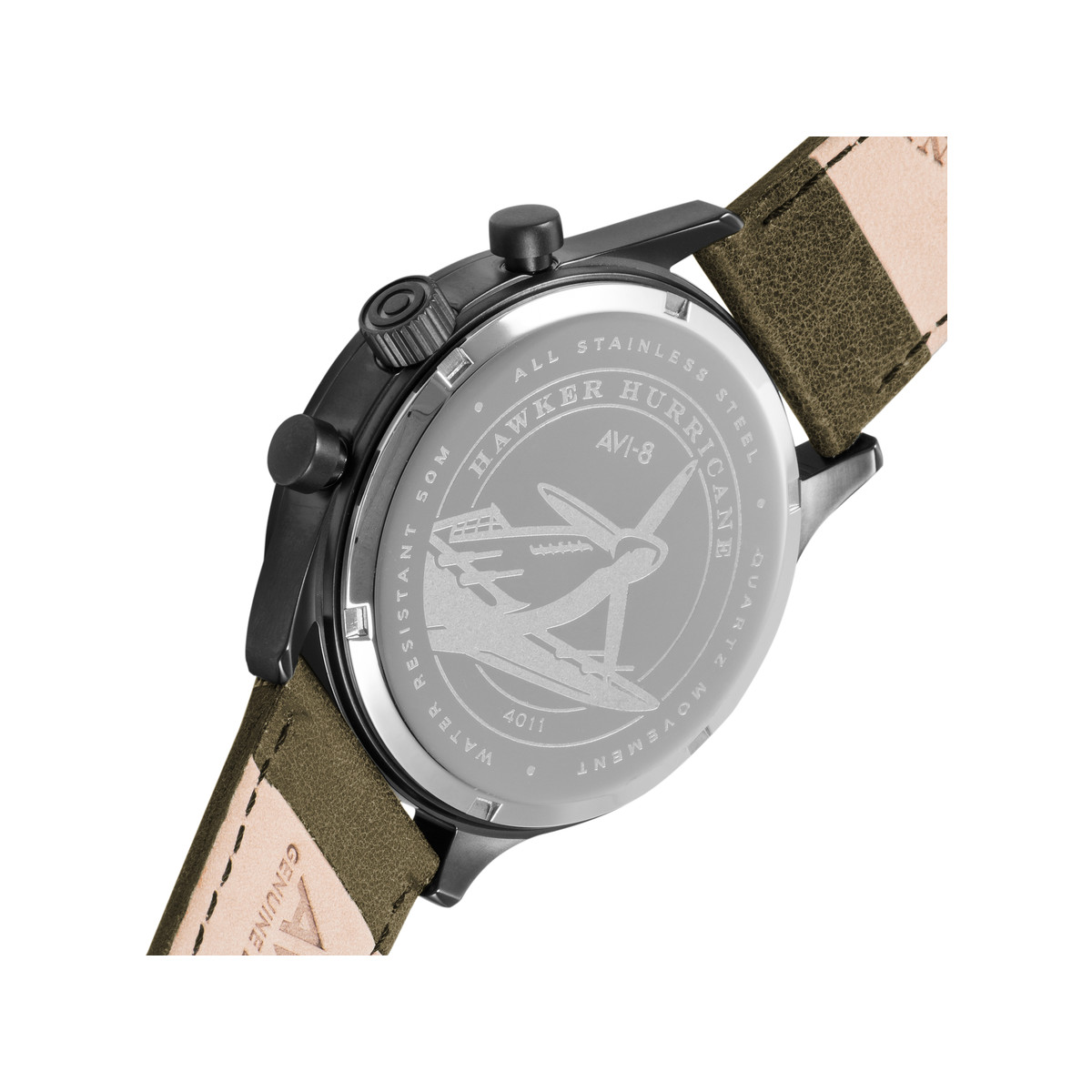 Montre AVI 8 Hawker Hurricane homme acier bracelet cuir vert kaki