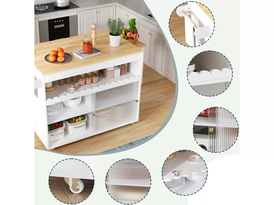 Ilot central de cuisine mobile avec 2 portes coulissantes - plateau extensible - 122x46/69x91 cm - Bois MDF - Blanc + naturel