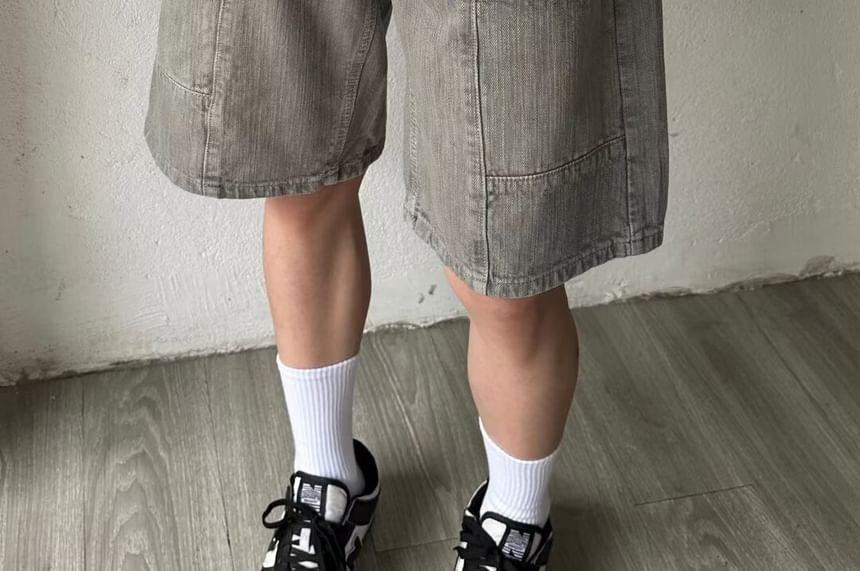 Double White - Mid Rise Washed Panel Denim Shorts
