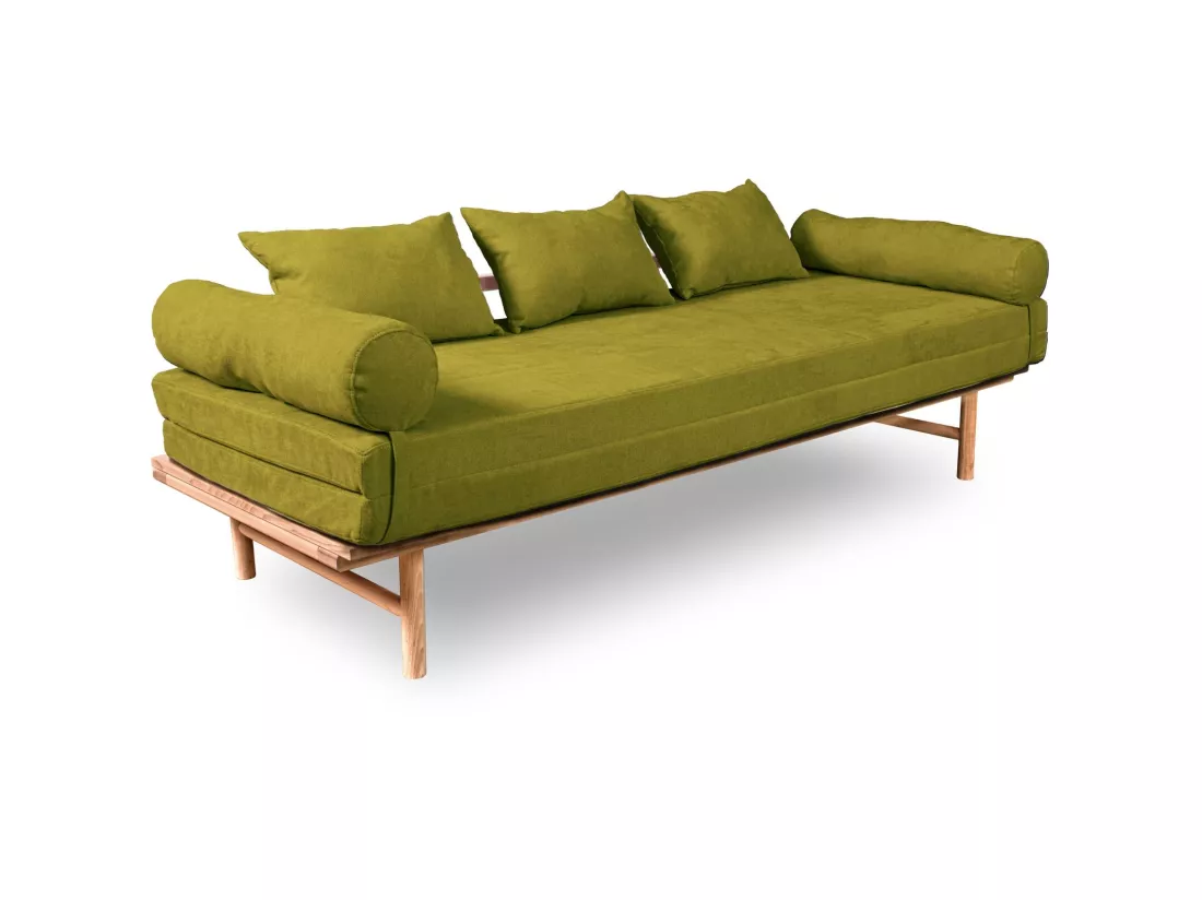 Canapé Lit Convertible Design en Tissu Beige et Bois Vert