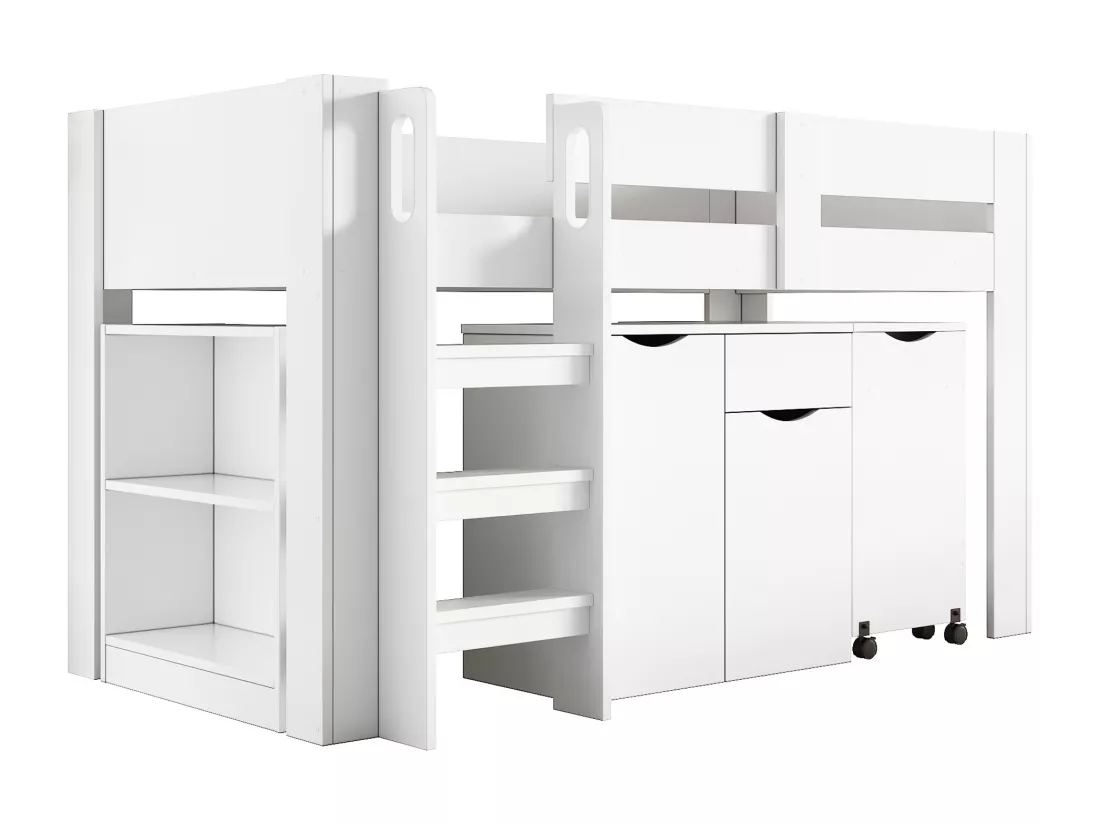 Lit mezzanine enfant 90x200cm - en MDF - avec bureau escamotable et armoire amovible - Blanc