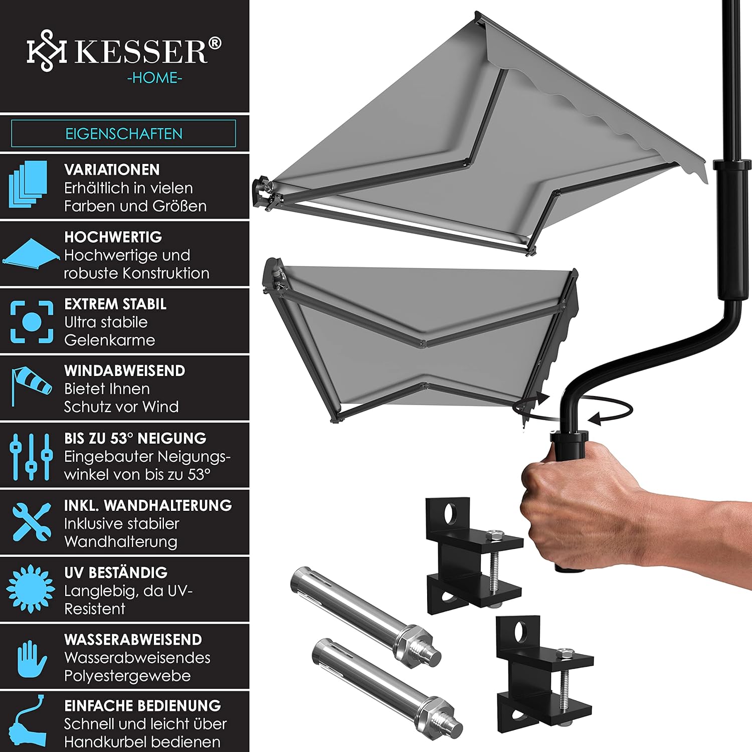 KESSER® Gelenkarmmarkise Markise Gelenkmarkise 300 x 250cm Terrassenmarkise Klemmmarkise Sonnenmarkise inkl. Wandhalterung Sonnenschutz Balkonmarkise wasserabweisend Alu/Polyester, Grau