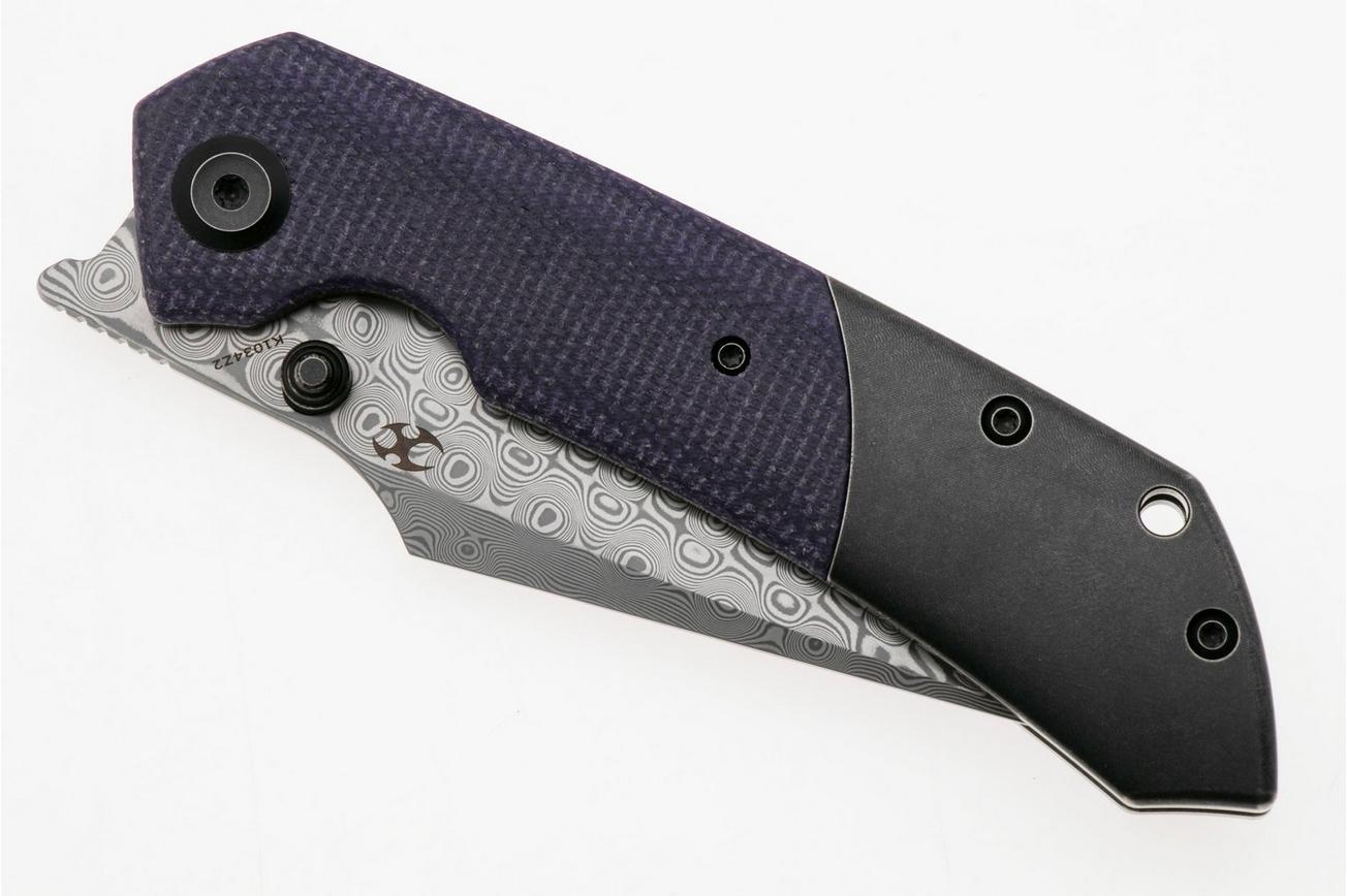Kansept Fenrir K1034Z2 Damascus, Blackwashed Titanium, Purple Micarta, zakmes, Greg Schob design
