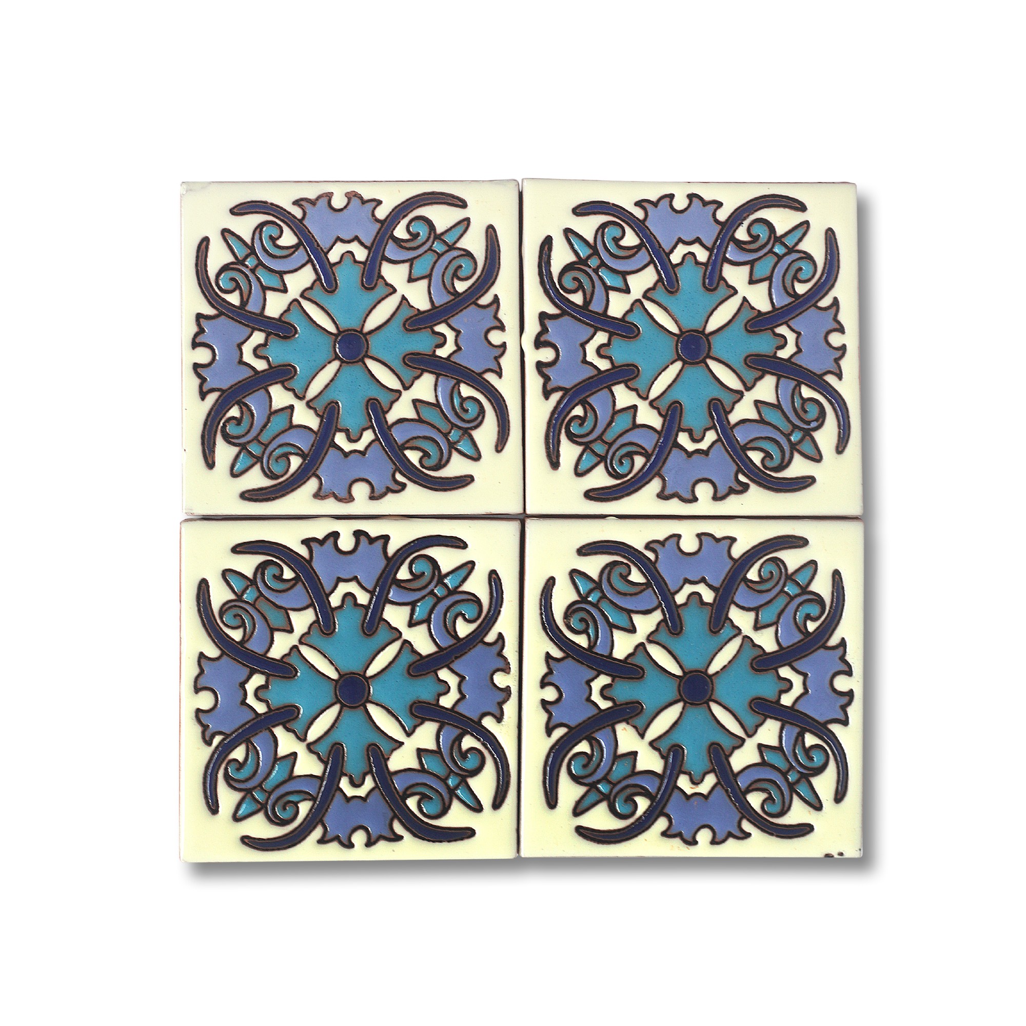 Reliefkachel 'Flor', weiß, blau, T 10 cm, B 10 cm, H 0,5 cm von fischer's lagerhaus