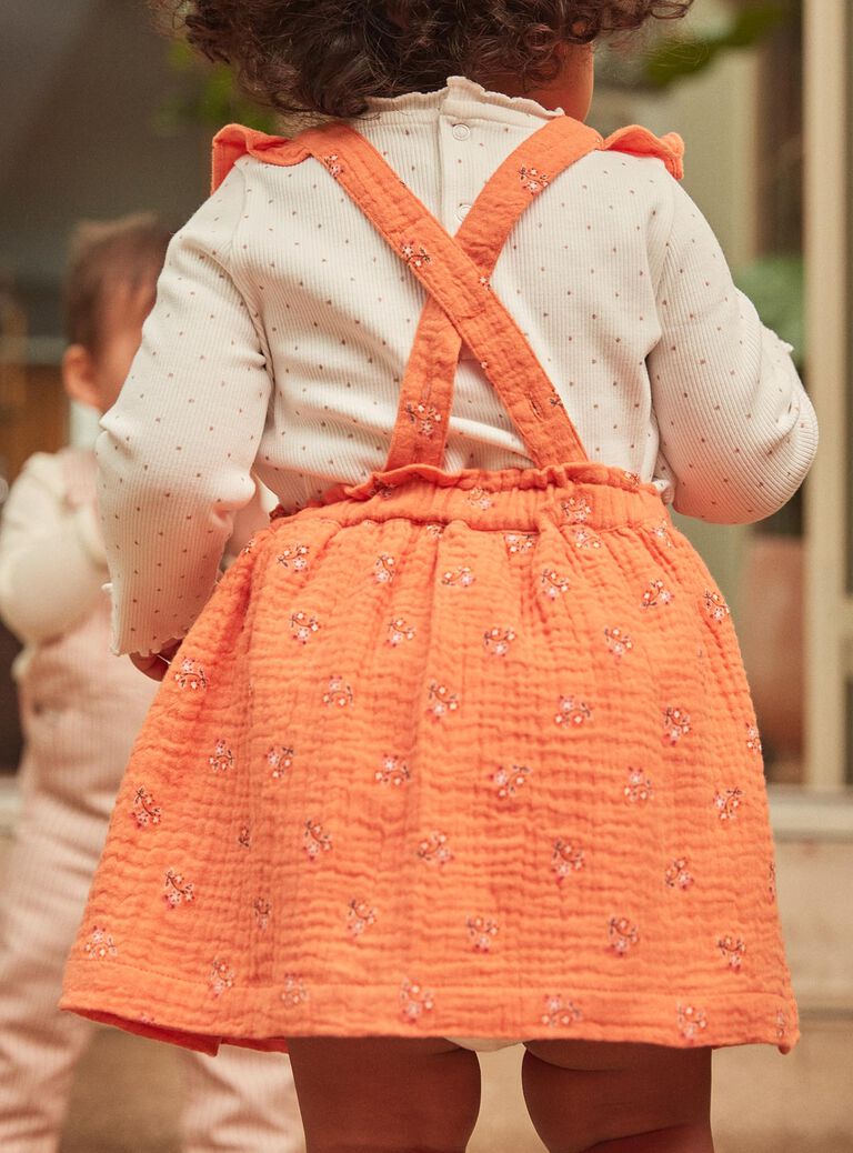 Robe chasuble orange en gaze de coton à imprimé fleuri