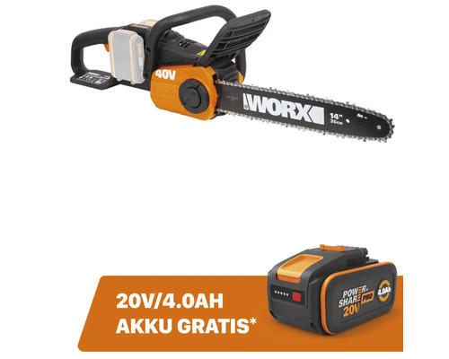 WORX 40V (2 x 20V) 35cm snoerloze kettingzaag WG384E.9 + GRATIS bonusartikel: 20V accu WA3644 (4,0Ah)